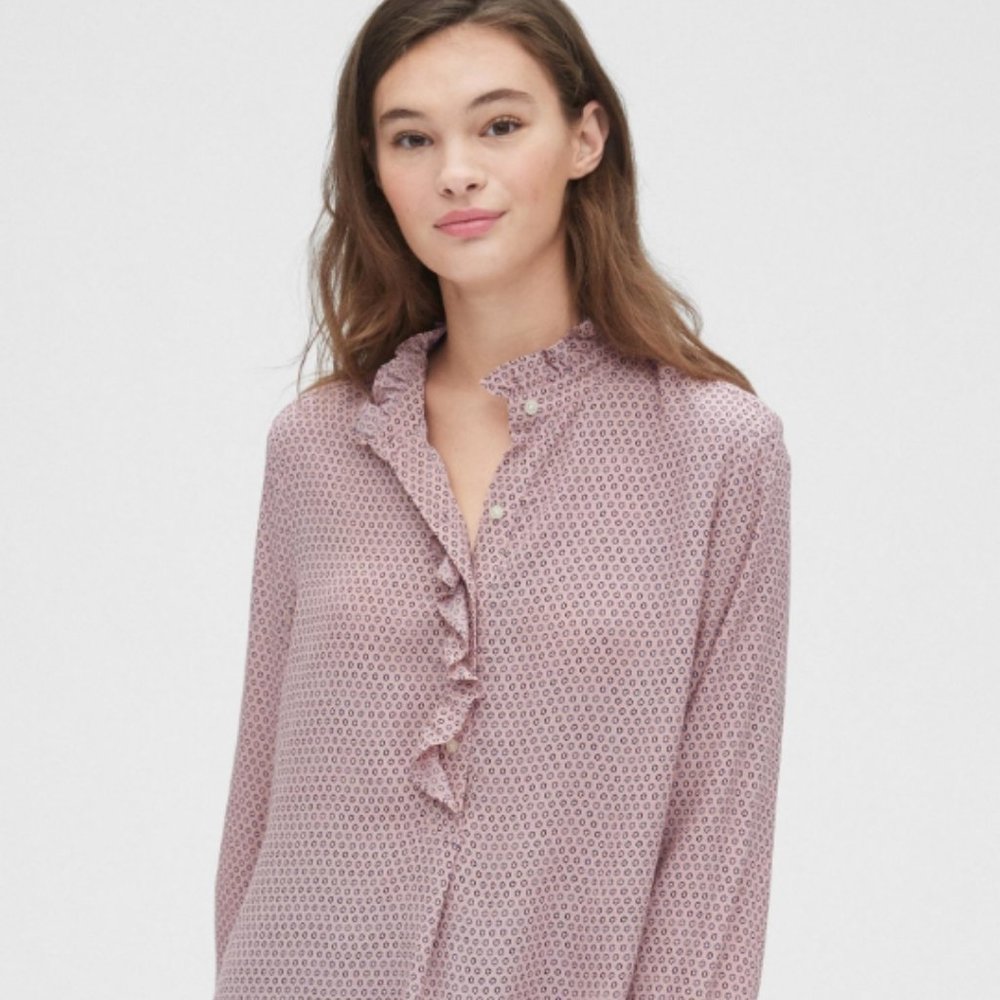 Gap Womens Pink Ruffle Print Popover Blouse Size S